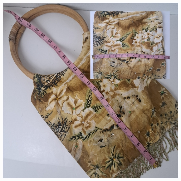 Vintage wood circle handle Hawaiian print beaded tassel fringe retro purse - Picture 8 of 16